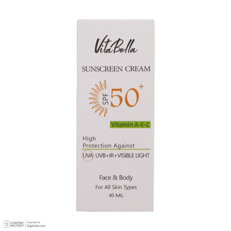 کرم ضدآفتاب بیرنگ ویتابلا +SPF50 مدل 001 مناسب انواع پوست، حجم 40 میلیلیتر